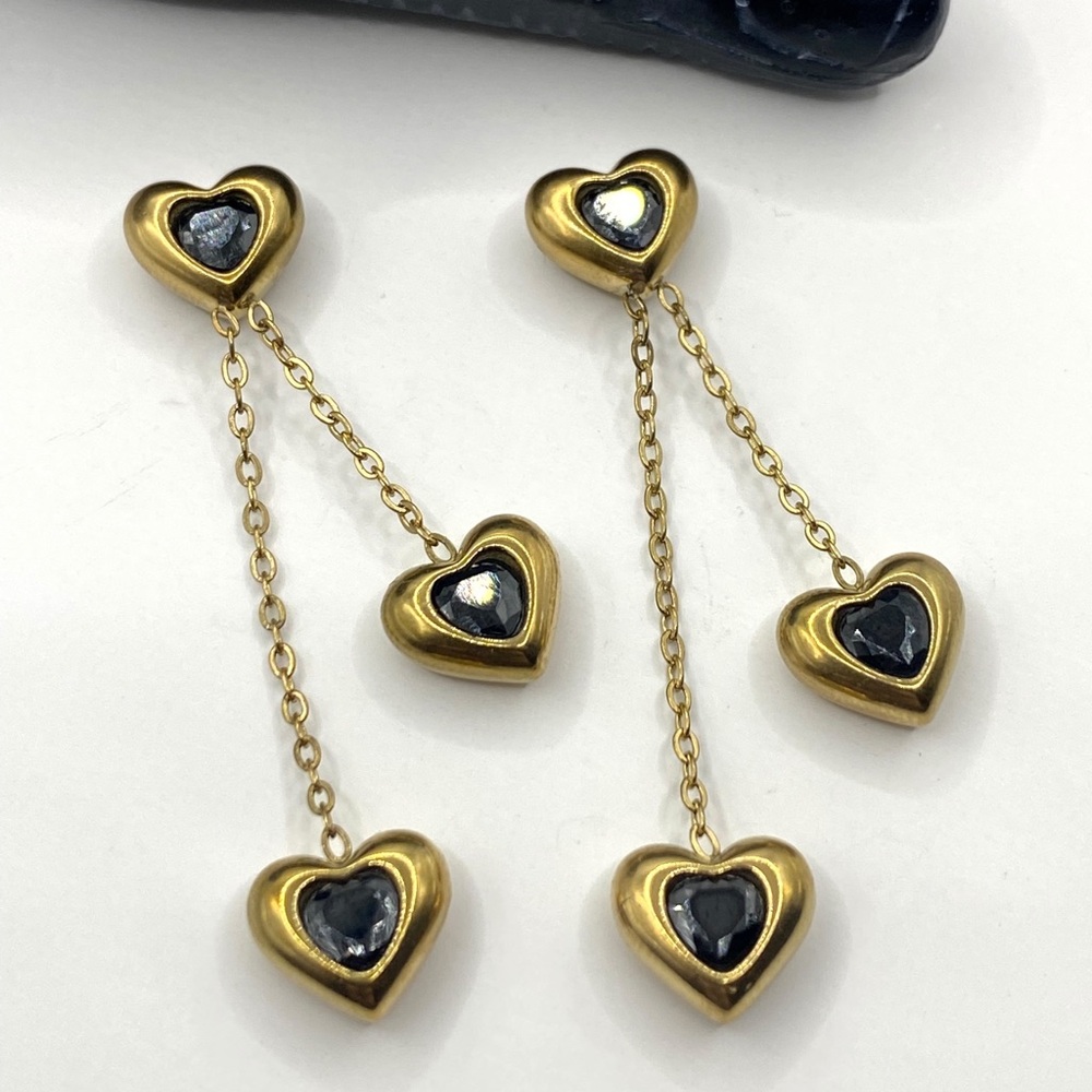 NEW Gold Heart Drop Earrings with Black Gem Centers